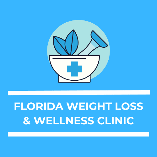 A blue and white logo for the florida weight loss & wellness clinic.