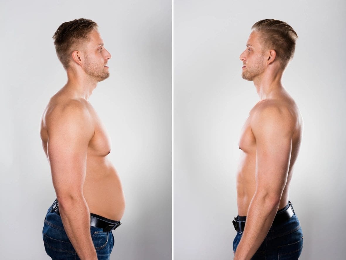 Man's weight loss transformation, side view comparison.