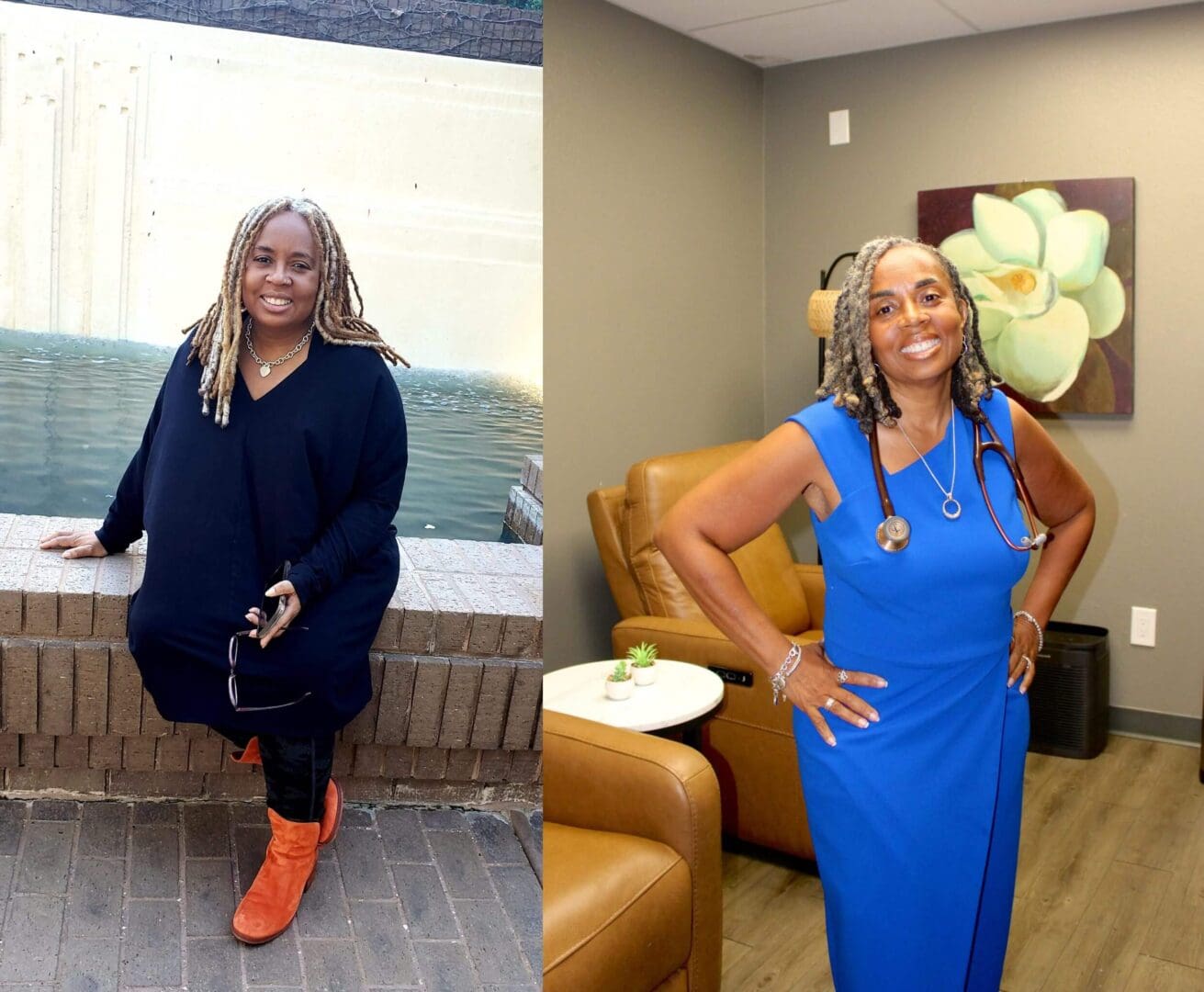 Two women smiling in different settings.