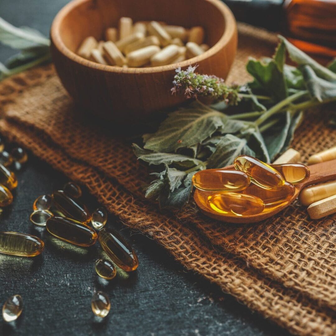 Natural vitamins organic on dark background.